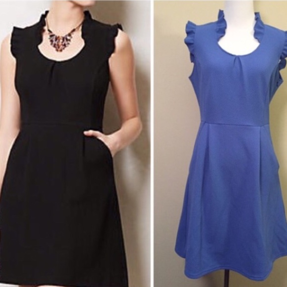 Anthropologie Ruffled Cap-Sleeve Dress in Black and Blue